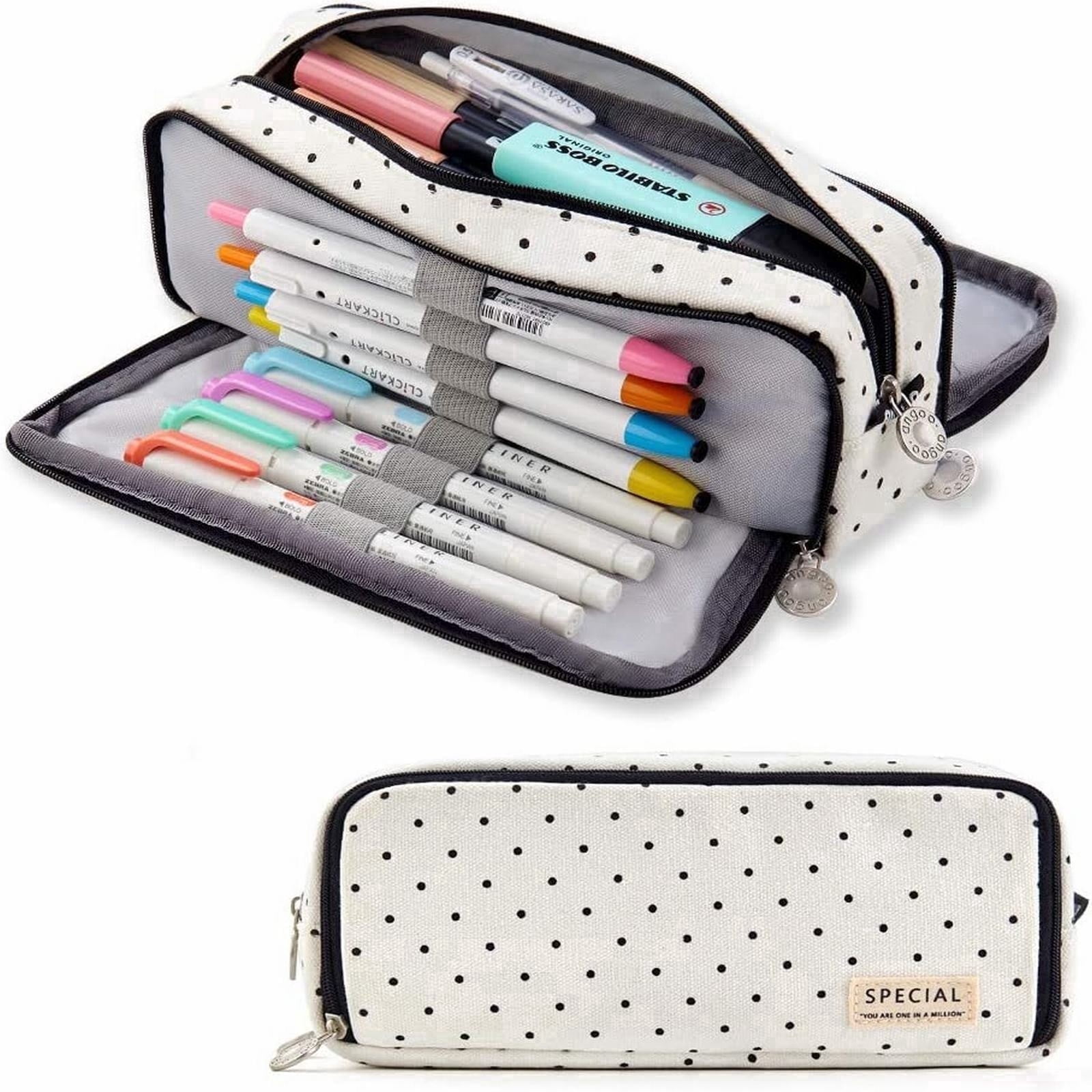 Large Capacity Pencil Case Polka Dot Pencil Pouch Multi Compartment Canvas Pencil Case Organizer Big Storage Pen Bag for Teens Supplies White Multi Pocket Pencil Case