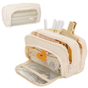 Large Capacity Zipper Pencil Pouch with Clear Window Pencil Case Multi Compartment Beige