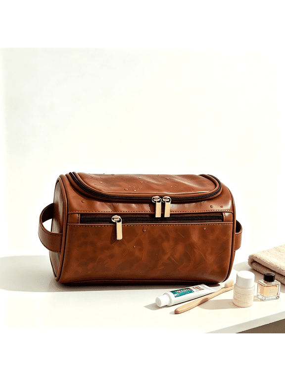 Mens Large Toiletry Bag, Water-Resistant PU Leather Dopp Kit with Wet Pocket, Dual-Zip Mesh Compartments and Bottle Holders for Travel