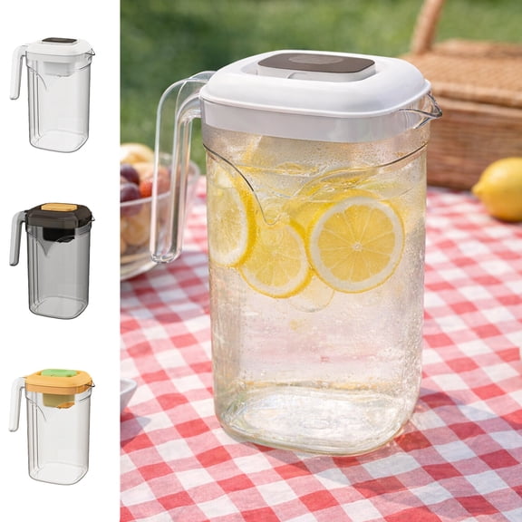 Large Capacity Plastic Cold Drink Jug Pitcher Transparent Beverage Dispenser with Lid, Slim Fridge Fit, Yellow/Black/White, 20x12.5cm Iced Tea, Juice, Water, Milk, Dishwasher Safe