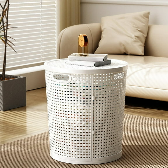 Large Capacity Plastic Imitation Rattan Laundry Hamper with Lid and Handles - Durable, Stain-Resistant Storage Basket for Dirty Clothes and Toys, White