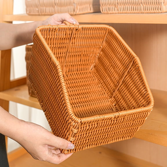 Large Capacity Plastic Wicker Storage Basket with Handles, Deep Woven Bin for Shelves, Closet, Cabinet – Farmhouse Home Organizer 9.3″ × 7.5″ × 6.1″