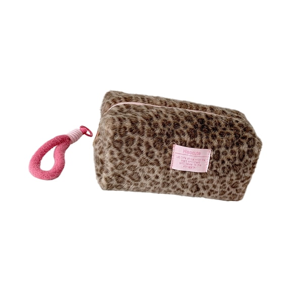 Large Capacity Plush Leopards Print Pen Case Portable Cosmetic Bag for Student Travel Use