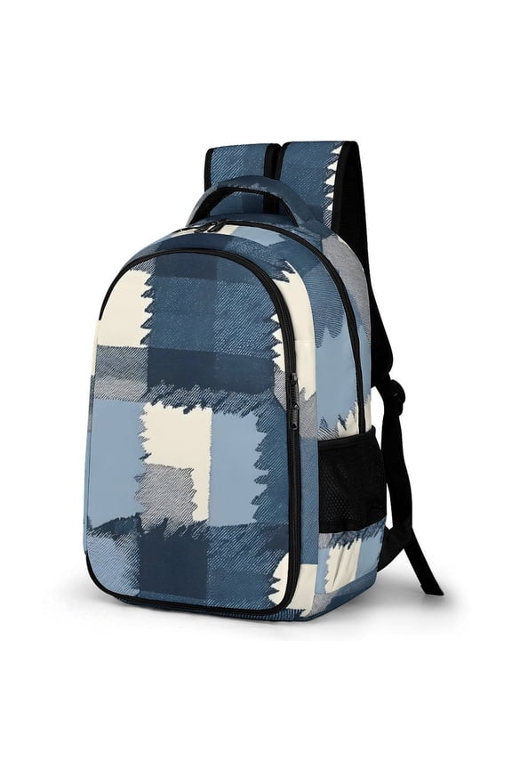 Large Capacity Pocket Backpack 12.6 X 16.5in Double Zipper Design Side Pocket Straps With Buttons MediumBlue Houndstooth Buffalo Plaid Tartan Check Scotland Hand-drawn Sketch_1