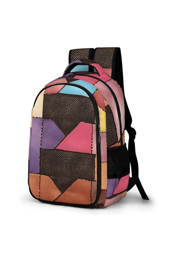 Large Capacity Pocket Backpack 12.6 X 16.5in Double Zipper Design Side Pocket Straps With Buttons SaddleBrown Colorful Houndstooth Hand-drawn Sketch_2