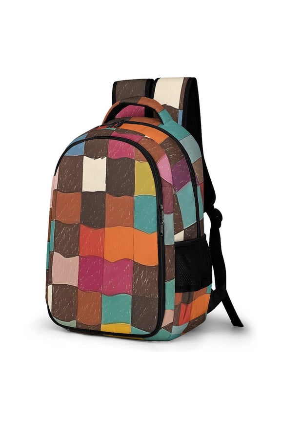 Large Capacity Pocket Backpack 12.6 X 16.5in Double Zipper Design Side Pocket Straps With Buttons SaddleBrown Colorful Houndstooth Hand-drawn Sketch_4