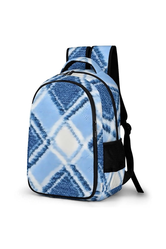 Large Capacity Pocket Backpack 12.6 X 16.5in Double Zipper Design Side Pocket Straps With Buttons Argyle Plaid LightSkyBlue_2
