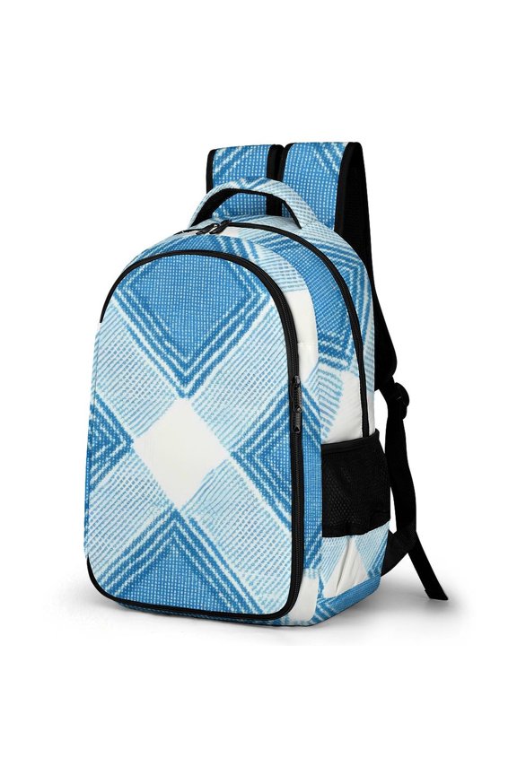 Large Capacity Pocket Backpack 12.6 X 16.5in Double Zipper Design Side Pocket Straps With Buttons Argyle Plaid LightSkyBlue_49288_4