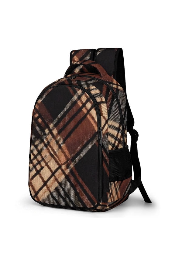 Large Capacity Pocket Backpack 12.6 X 16.5in Double Zipper Design Side Pocket Straps With Buttons Argyle Plaid SaddleBrown_1