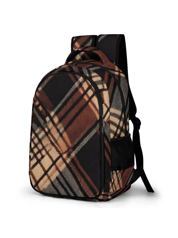 Large Capacity Pocket Backpack 12.6 X 16.5in Double Zipper Design Side Pocket Straps With Buttons Argyle Plaid SaddleBrown_1