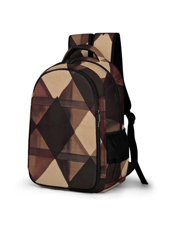 Large Capacity Pocket Backpack 12.6 X 16.5in Double Zipper Design Side Pocket Straps With Buttons Argyle Plaid SaddleBrown_2