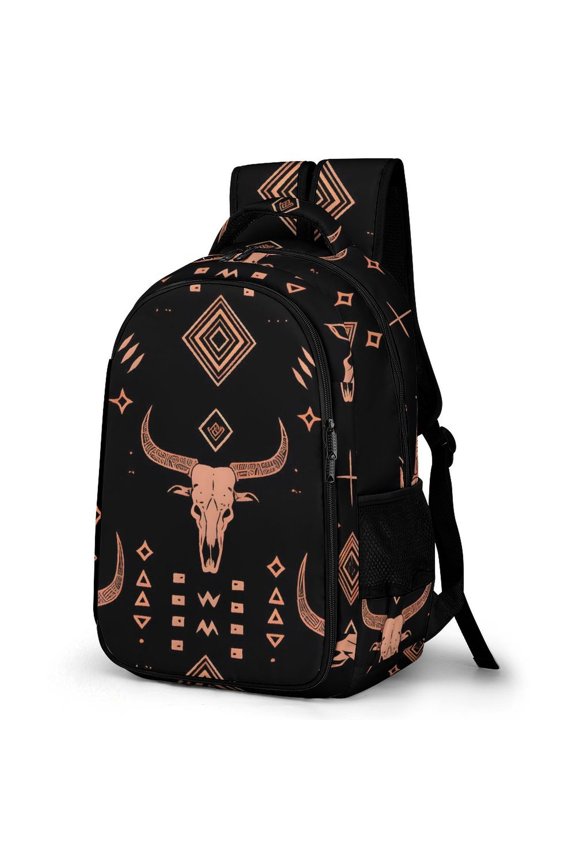 Large Capacity Pocket Backpack 12.6 X 16.5in Double Zipper Design Side Pocket Straps With Buttons Art African Tribal Motifs Water Buffalo Skulls