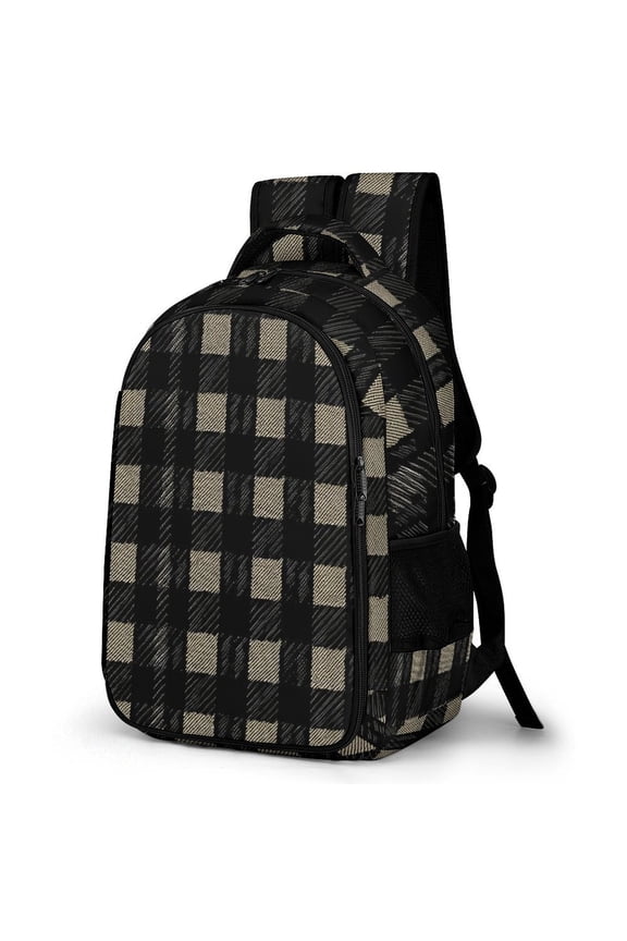Large Capacity Pocket Backpack 12.6 X 16.5in Double Zipper Design Side Pocket Straps With Buttons Black Houndstooth Vintage Texture_85706_3