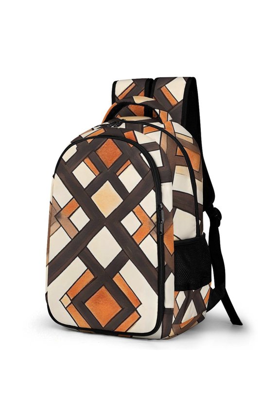 Large Capacity Pocket Backpack 12.6 X 16.5in Double Zipper Design Side Pocket Straps With Buttons Brown Moroccan Trellis Hand-drawn Sketch_3