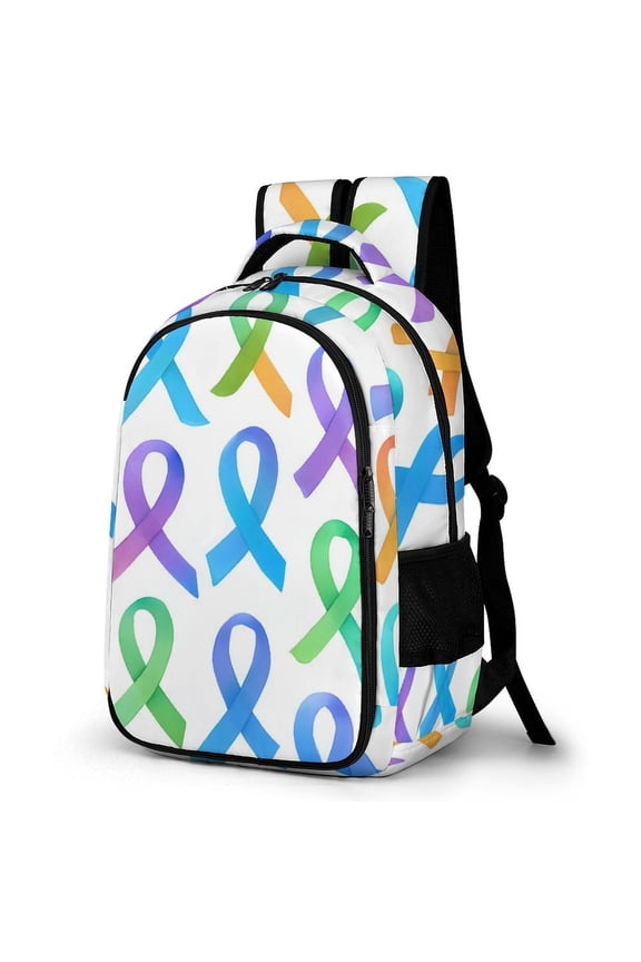 Large Capacity Pocket Backpack 12.6 X 16.5in Double Zipper Design Side Pocket Straps With Buttons Cancer Awareness Ribbon Pattern - Ombr Flow