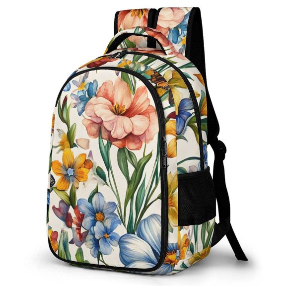Large Capacity Pocket Backpack 12.6 X 16.5in Double Zipper Design Side Pocket Straps With Buttons Fall Flowers Lily Flower Butterflies Bees