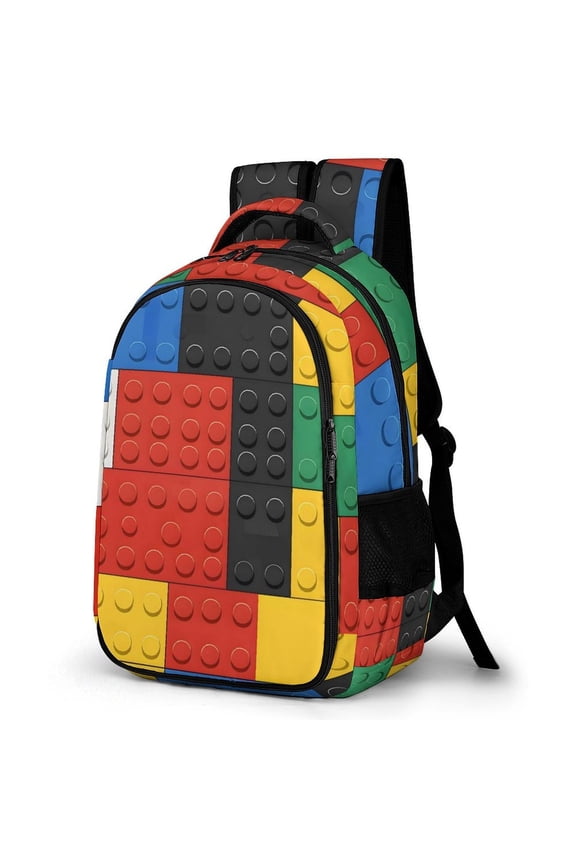 Large Capacity Pocket Backpack 12.6 X 16.5in Double Zipper Design Side Pocket Straps With Buttons Flat Color Blocks