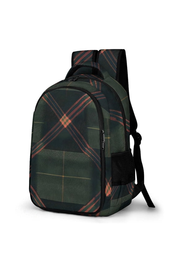 Large Capacity Pocket Backpack 12.6 X 16.5in Double Zipper Design Side Pocket Straps With Buttons Green Buffalo Plaid Check Tartan Scotland_4