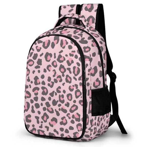 Large Capacity Pocket Backpack 12.6 X 16.5in Double Zipper Design Side Pocket Straps With Buttons Leopard Skin Print Style Pink_1
