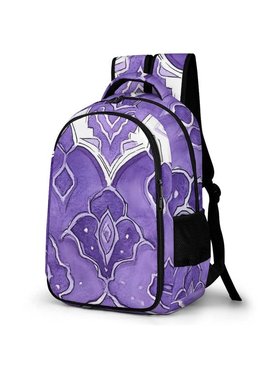 Large Capacity Pocket Backpack 12.6 X 16.5in Double Zipper Design Side Pocket Straps With Buttons MediumPurple Moroccan Trellis Hand-drawn Sketch_4