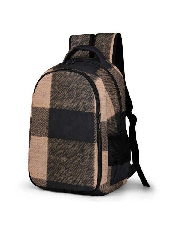 Large Capacity Pocket Backpack 12.6 X 16.5in Double Zipper Design Side Pocket Straps With Buttons SaddleBrown Buffalo Plaid Check Tartan Scotland_1