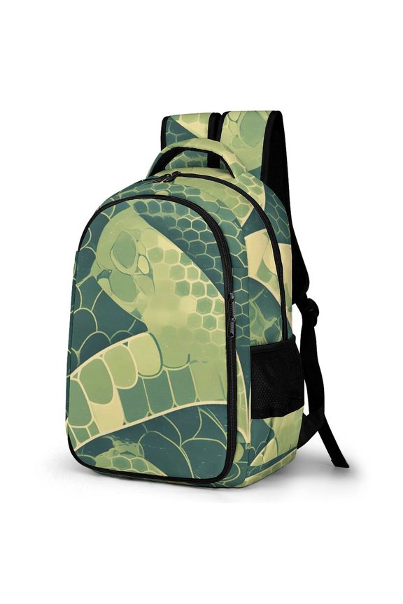 Large Capacity Pocket Backpack 12.6 X 16.5in Double Zipper Design Side Pocket Straps With Buttons Snake Skin Print Style LightGreen_3