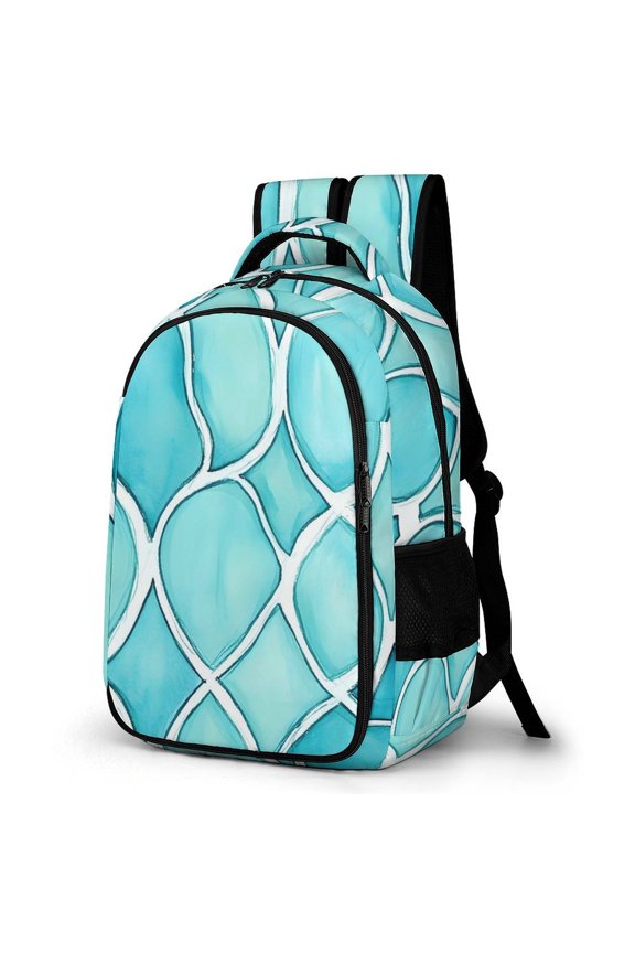 Large Capacity Pocket Backpack 12.6 X 16.5in Double Zipper Design Side Pocket Straps With Buttons Turquoise Moroccan Trellis Hand-drawn Sketch_4