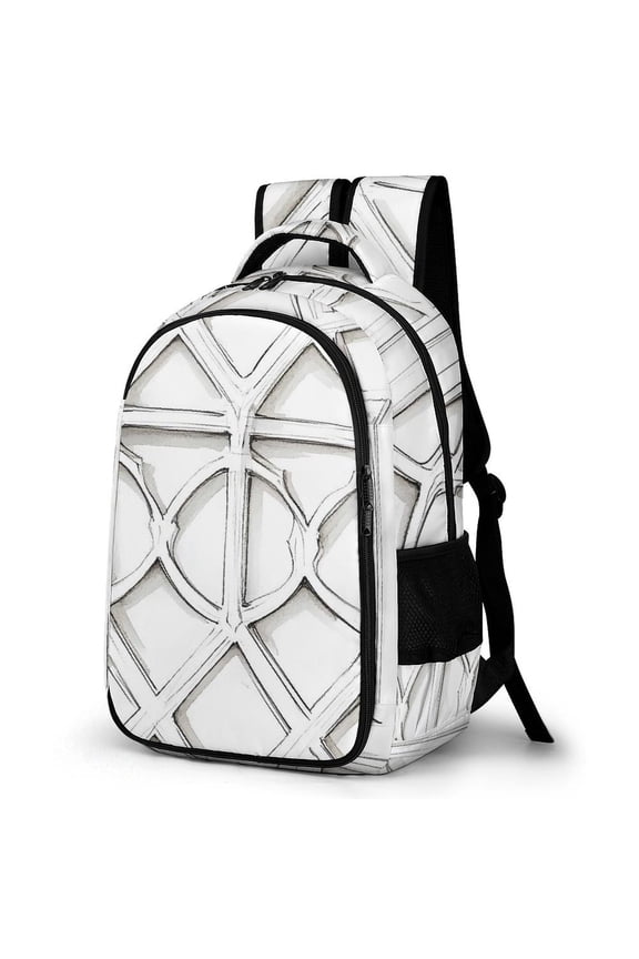 Large Capacity Pocket Backpack 12.6 X 16.5in Double Zipper Design Side Pocket Straps With Buttons White Moroccan Trellis Hand-drawn Sketch_1