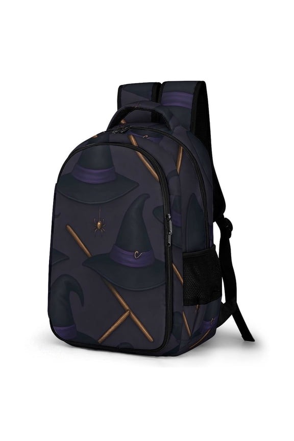 Large Capacity Pocket Backpack 12.6 X 16.5in Double Zipper Design Side Pocket Straps With Buttons Witch Hat And Broomstick Halloween Pattern