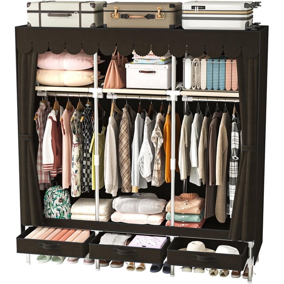 Large Capacity Portable Fabric Wardrobe Closet With Multiple Hanging Rods Shelves And Drawers For Bedroom Storage Dustproof Cover Easy Assembly Black Finish,Brown,57.5 in