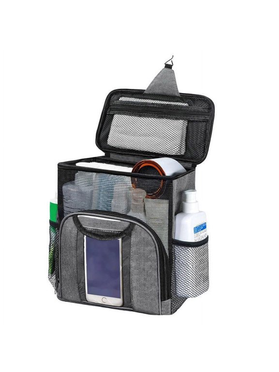Large Capacity Portable Shower Caddy Dorm Hanging Toiletry Bag With Separate Compartments for College Student Camping Gym Travel, 11x9.84 in, Grey