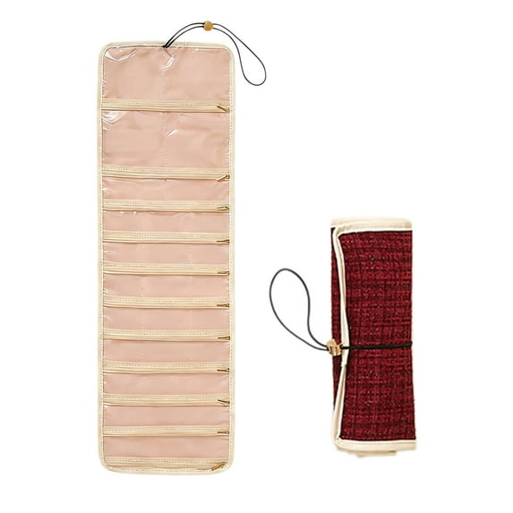Large-Capacity Portable Travel Jewelry Organizer with Hanging Design, Multiple Compartments, Zippered Pockets, Hooks, Earring Slots, and Securing Strap for Stylish Jewelry Storage