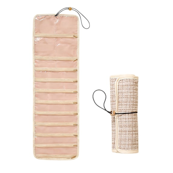 Large-Capacity Portable Travel Jewelry Organizer with Hanging Design, Multiple Compartments, Zippered Pockets, Hooks, Earring Slots, and Securing Strap for Stylish Jewelry Storage