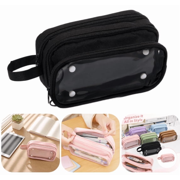 Large Capacity Pouch Case with 3 Zippers, Aesthetic Pencil Case Pouch, Cute Pencil Bag for Classroom Stationery Storage (Black)
