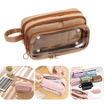 thumbnail image 1 of Large Capacity Pouch Case with 3 Zippers, Aesthetic Pencil Case Pouch, Cute Pencil Bag for Classroom Stationery Storage (Coffee), 1 of 9