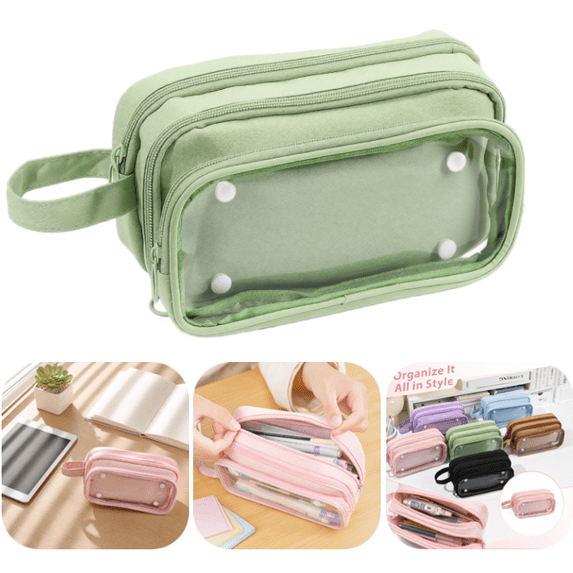 Large Capacity Pouch Case with 3 Zippers, Aesthetic Pencil Case Pouch, Cute Pencil Bag for Classroom Stationery Storage (Green)