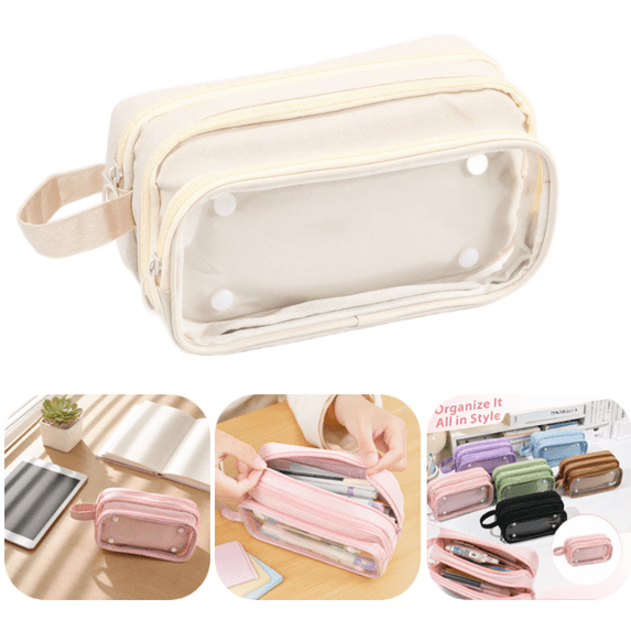 Large Capacity Pouch Case with 3 Zippers, Aesthetic Pencil Case Pouch, Cute Pencil Bag for Classroom Stationery Storage (White)