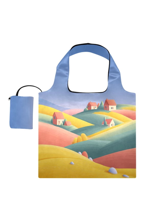 Large Capacity Print Tote Bag,Lightweight Portable Foldable Shopping Bag Abstract Flat Landscape