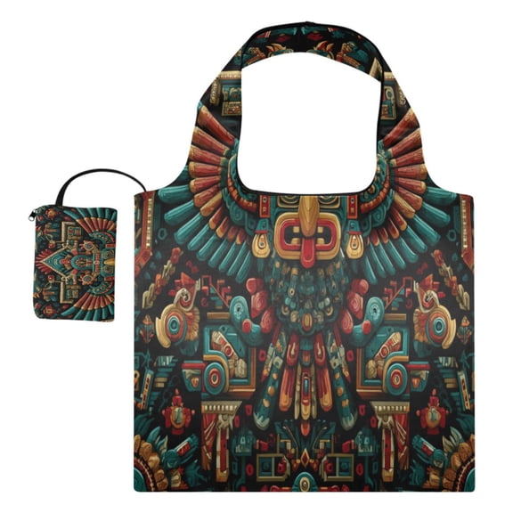 Large Capacity Print Tote Bag,Lightweight Portable Foldable Shopping Bag Aztec-style Seamless Illustration