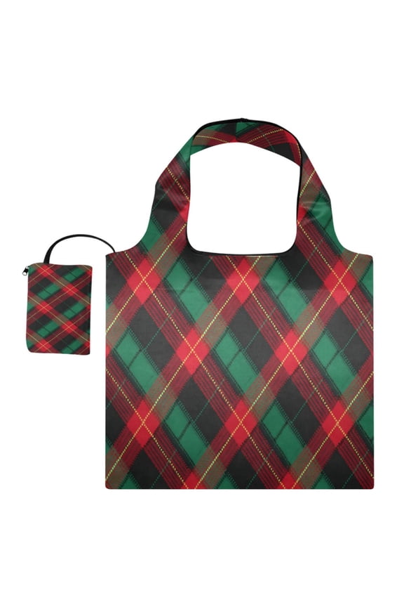 Large Capacity Print Tote Bag,Lightweight Portable Foldable Shopping Bag Deep Green Tartan Plaid