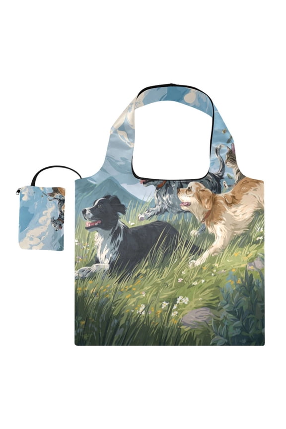 Large Capacity Print Tote Bag,Lightweight Portable Foldable Shopping Bag Dogs and Cats Runing Together
