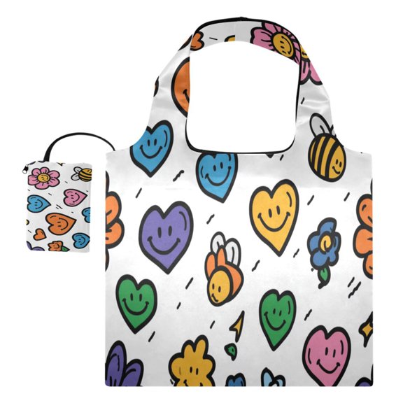 Large Capacity Print Tote Bag,Lightweight Portable Foldable Shopping Bag Hearts Flowers Icons