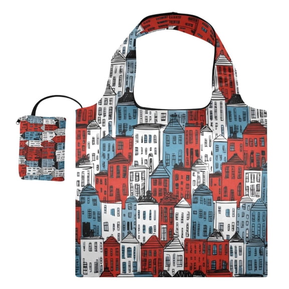 Large Capacity Print Tote Bag,Lightweight Portable Foldable Shopping Bag Red Blue Houses