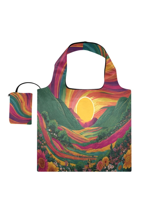 Large Capacity Print Tote Bag,Lightweight Portable Foldable Shopping Bag Vintage Hippie Poster Style
