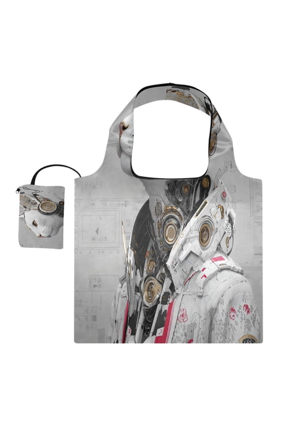 Large Capacity Print Tote Bag,Lightweight Portable Foldable Shopping Bag White Cat