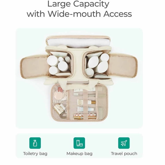 Large Capacity Puffy Cosmetic Makeup Bag, Multifunctional Travel Toiletry Pouch with Handle, Lightweight Portable Wash Bag 12 inch Beige