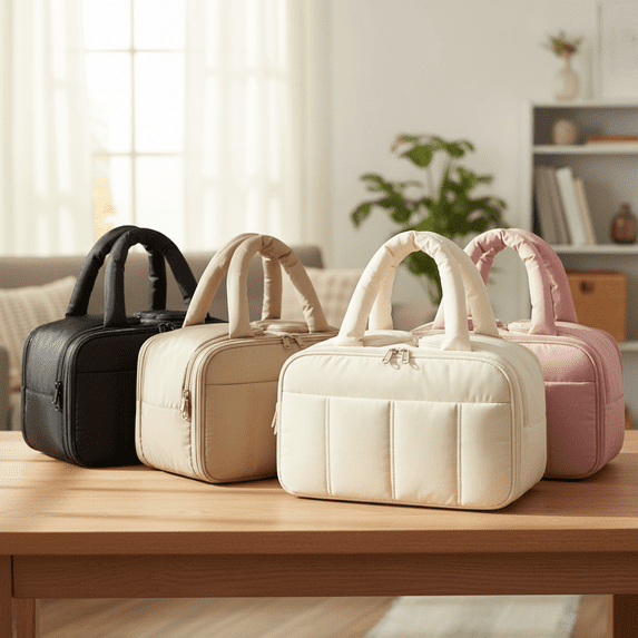 Large Capacity Puffy Cosmetic Makeup Bag, Multifunctional Travel Toiletry Pouch with Handle, Lightweight Portable Wash Bag 12 inch Black