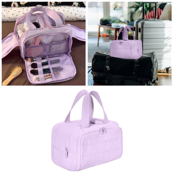 Travel Cosmetic Bag Large Capacity Wide Open Toiletry Organizer 4 In 1 Puffy Functional Design For Women Portable With Divider And Handle