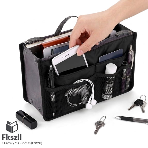 Purse Organizer Insert for Tote Bag, 13 Pockets Nylon Bag in Bag Handbag Organizer, Large, Black