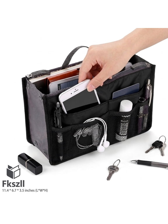 Purse Organizer Insert for Tote Bag, 13 Pockets Nylon Bag in Bag Handbag Organizer, Large, Black